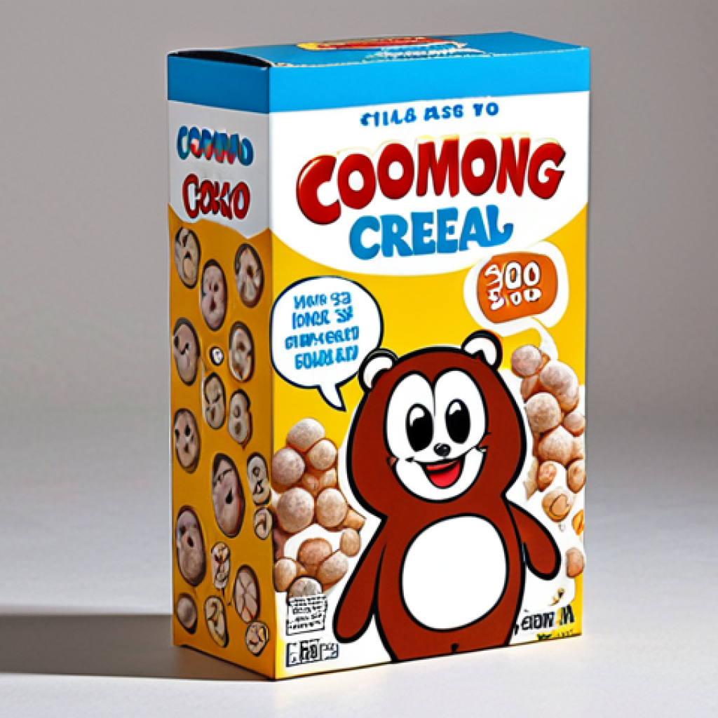 **Retro Cocomong Cereal Box:** "A vintage-style cereal box featuring Cocomong, reminiscent of 1980s Saturday morning cartoons. The cereal pieces are shaped like tiny sausages and Cocomong's face. The box includes a contest to win a Cocomong plushie."