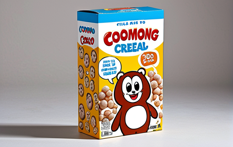 **Retro Cocomong Cereal Box:** "A vintage-style cereal box featuring Cocomong, reminiscent of 1980s Saturday morning cartoons. The cereal pieces are shaped like tiny sausages and Cocomong's face. The box includes a contest to win a Cocomong plushie."