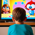 A young child, aged 3-5, sitting comfortably, completely absorbed and mesmerized by a vibrant animated show on a screen. The scene should convey intense engagement, with exaggerated, colorful cartoon characters subtly reflected in their wide, captivated eyes. Surroundings should be slightly blurred to emphasize focus on the screen, creating an aura of comforting predictability and rich sensory immersion.
