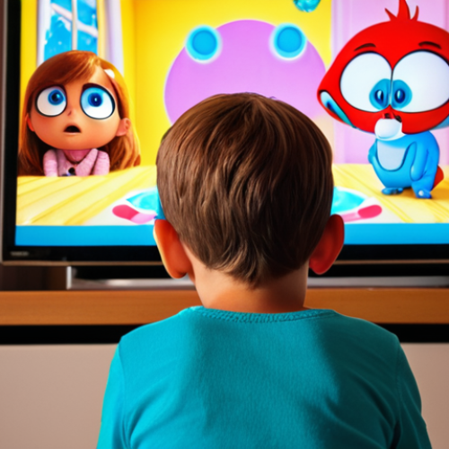 Home 7 A young child, aged 3-5, sitting comfortably, completely absorbed and mesmerized by a vibrant animated show on a screen. The scene should convey intense engagement, with exaggerated, colorful cartoon characters subtly reflected in their wide, captivated eyes. Surroundings should be slightly blurred to emphasize focus on the screen, creating an aura of comforting predictability and rich sensory immersion.