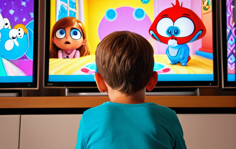 A young child, aged 3-5, sitting comfortably, completely absorbed and mesmerized by a vibrant animated show on a screen. The scene should convey intense engagement, with exaggerated, colorful cartoon characters subtly reflected in their wide, captivated eyes. Surroundings should be slightly blurred to emphasize focus on the screen, creating an aura of comforting predictability and rich sensory immersion.