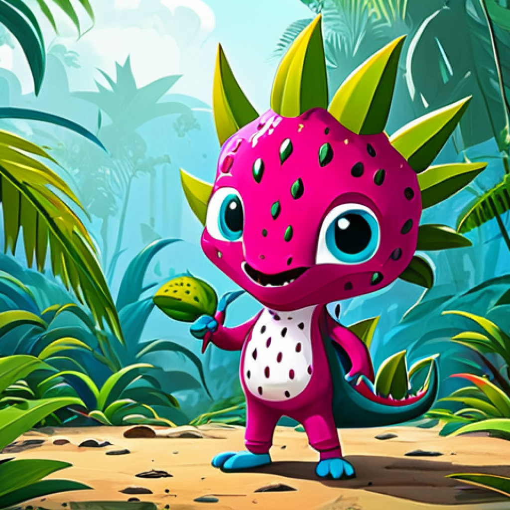 **
"A vibrant and adventurous dragon fruit character, fully clothed in kid-friendly attire, exploring a lush tropical jungle, safe for work, appropriate content, perfect anatomy, natural proportions, family-friendly, high quality illustration, cartoon style, bright colors"
**