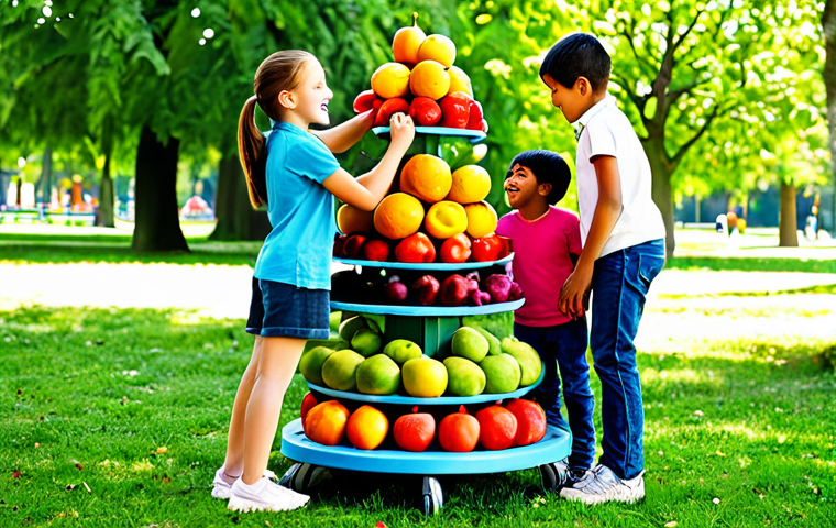 코코몽의 스토리텔링 기법 - **Prompt:** "A group of diverse children, fully clothed in casual clothing, joyfully building a towe...