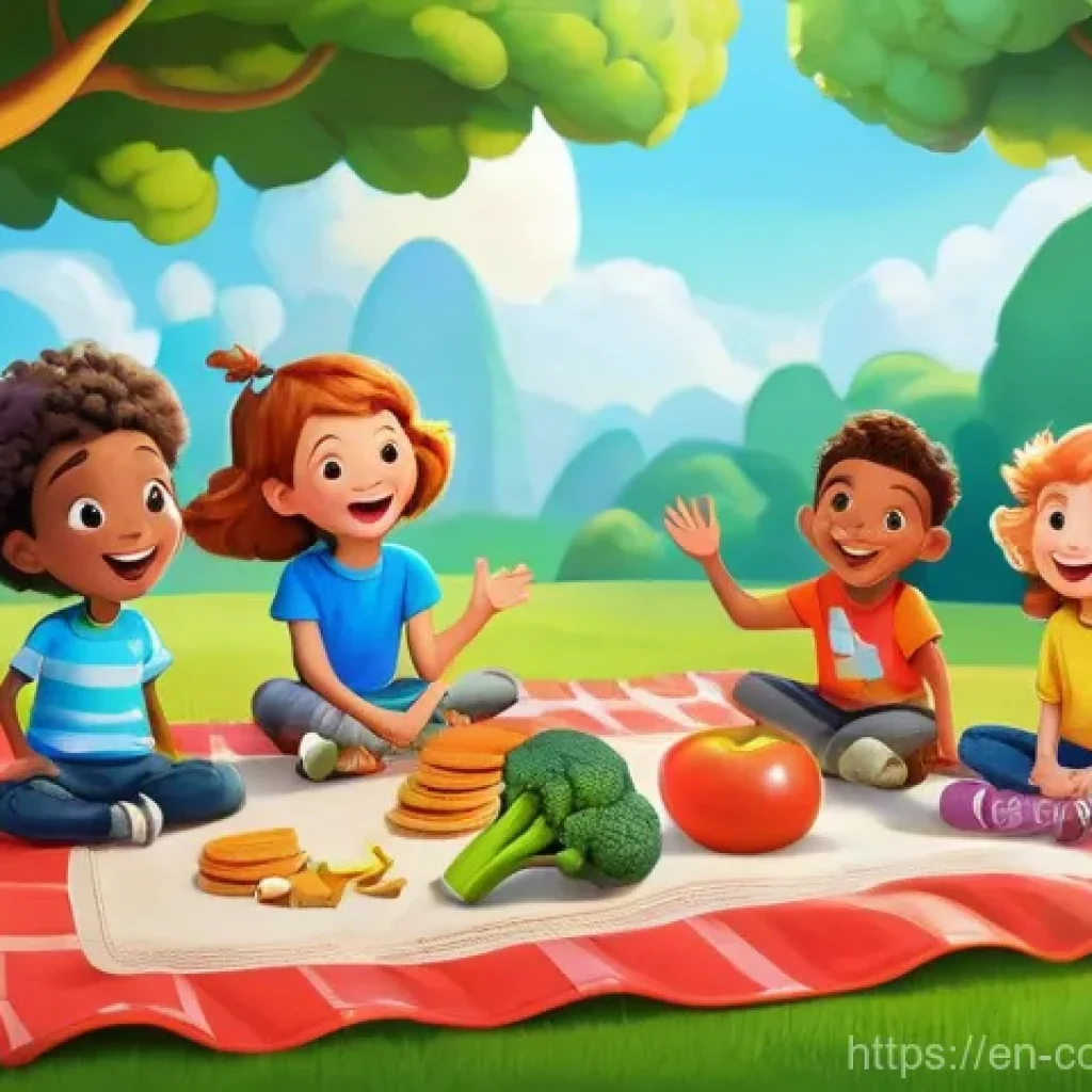코코몽 제작사  올리브 스튜디오 - **Prompt:** A whimsical and brightly lit animated scene featuring a group of diverse, happy children...