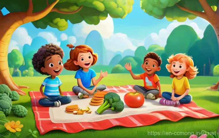 코코몽 제작사 올리브 스튜디오 - **Prompt:** A whimsical and brightly lit animated scene featuring a group of diverse, happy children...