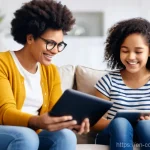 Home 22 코코몽의 SNS 마케팅 전략 - **Prompt 1: Diverse Families Engaging with Educational Content**
A brightly lit, comfortable liv...