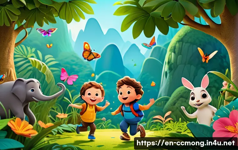 코코몽 인기 이유 - A vibrant, colorful scene featuring Cocomong and friends exploring a lush, detailed jungle environme...