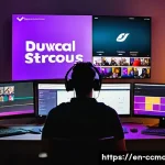 Home 18 코코몽의 방송 플랫폼 다양성 - A modern streaming setup featuring a charismatic content creator engaging with their audience on mul...