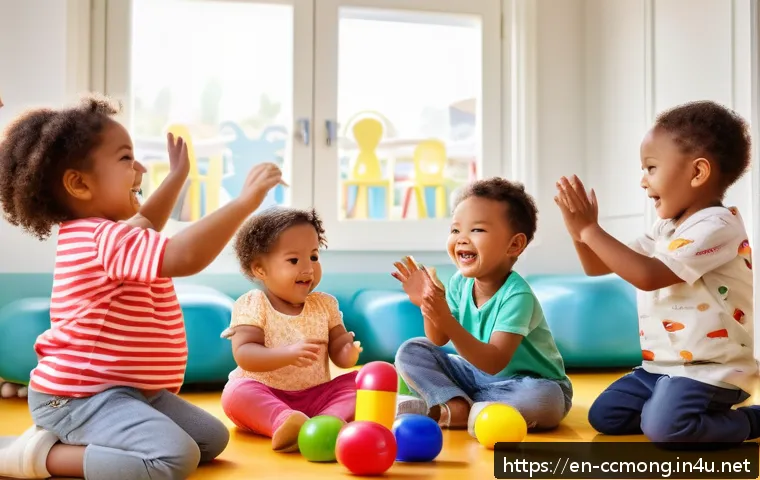 코코몽 메인 배경음악 - A vibrant and joyful scene of toddlers aged 2 to 4, wearing colorful, comfortable clothes and diaper...