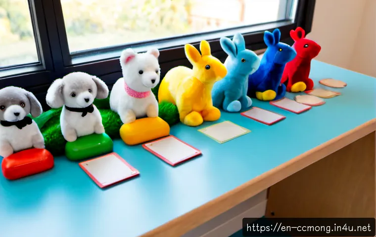 Home 30 코코몽 등장인물 분석 - Photorealistic children’s playroom desk with a neatly arranged lineup of original colorful animal-an...