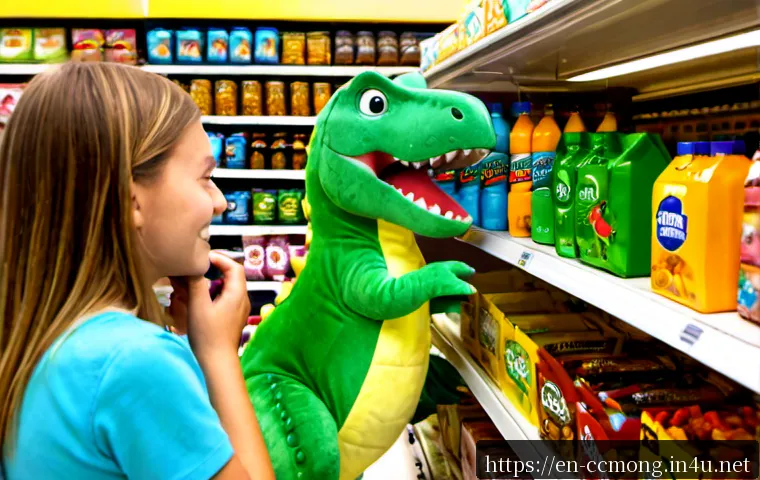 Home 17 코코몽과 협업한 브랜드 - Photorealistic retail collaboration display in a bright family supermarket, cheerful green dinosaur ...