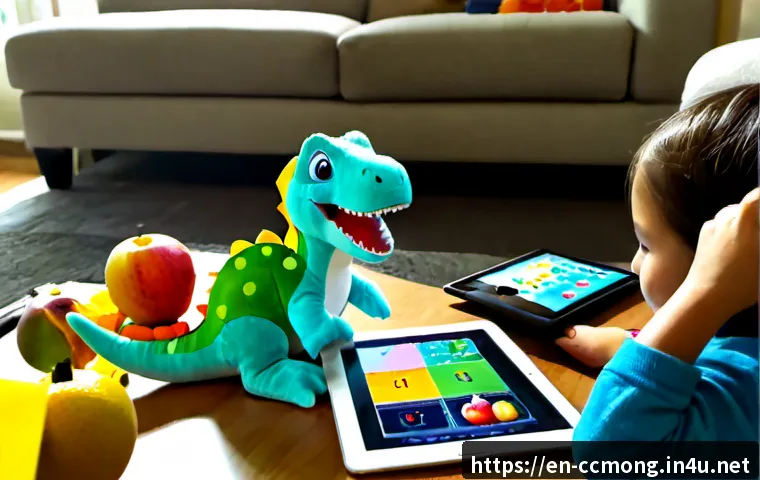 Home 17 코코몽의 최신 트렌드 분석 - Photorealistic family media trend analysis scene, a cheerful green dinosaur toy and colorful fruit-t...