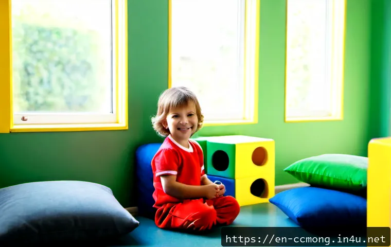 코코몽의 색감과 심리 효과 - Photorealistic preschool playroom scene with a cheerful red-and-yellow toy character figure beside r...