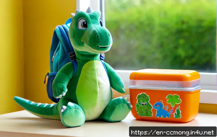 코코몽 관련 인기 굿즈 - Photorealistic tabletop display of popular cute green dinosaur character merchandise for children: p...